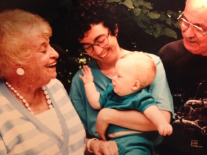 (l-r) Grandma Jeanette, Cindy, her son Jeremy (also born on his due date) and her father, Arthur 